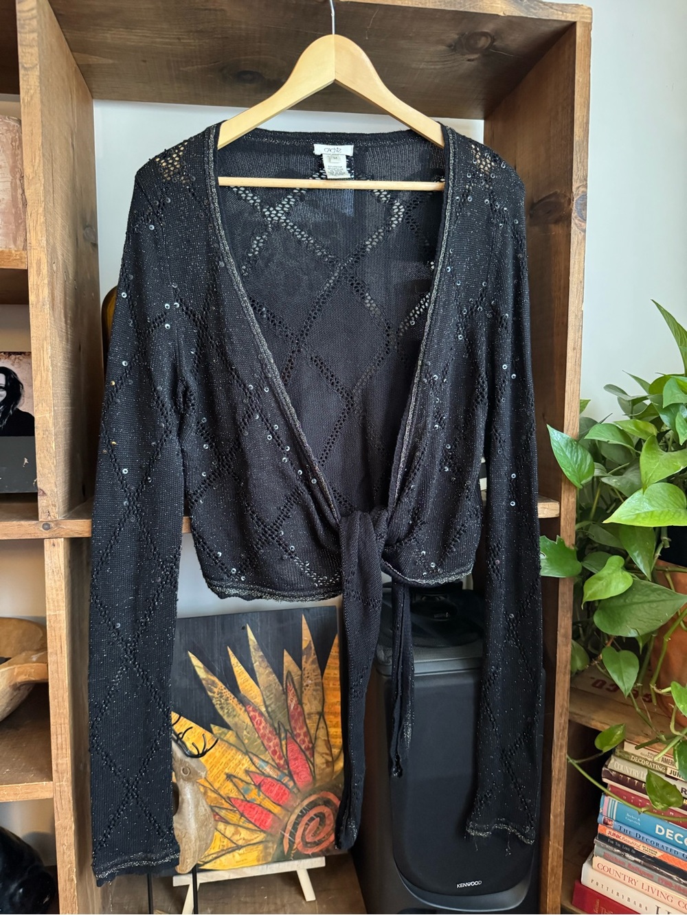 Cache Black Open-Knit Tie-Front Cardigan with Sequins